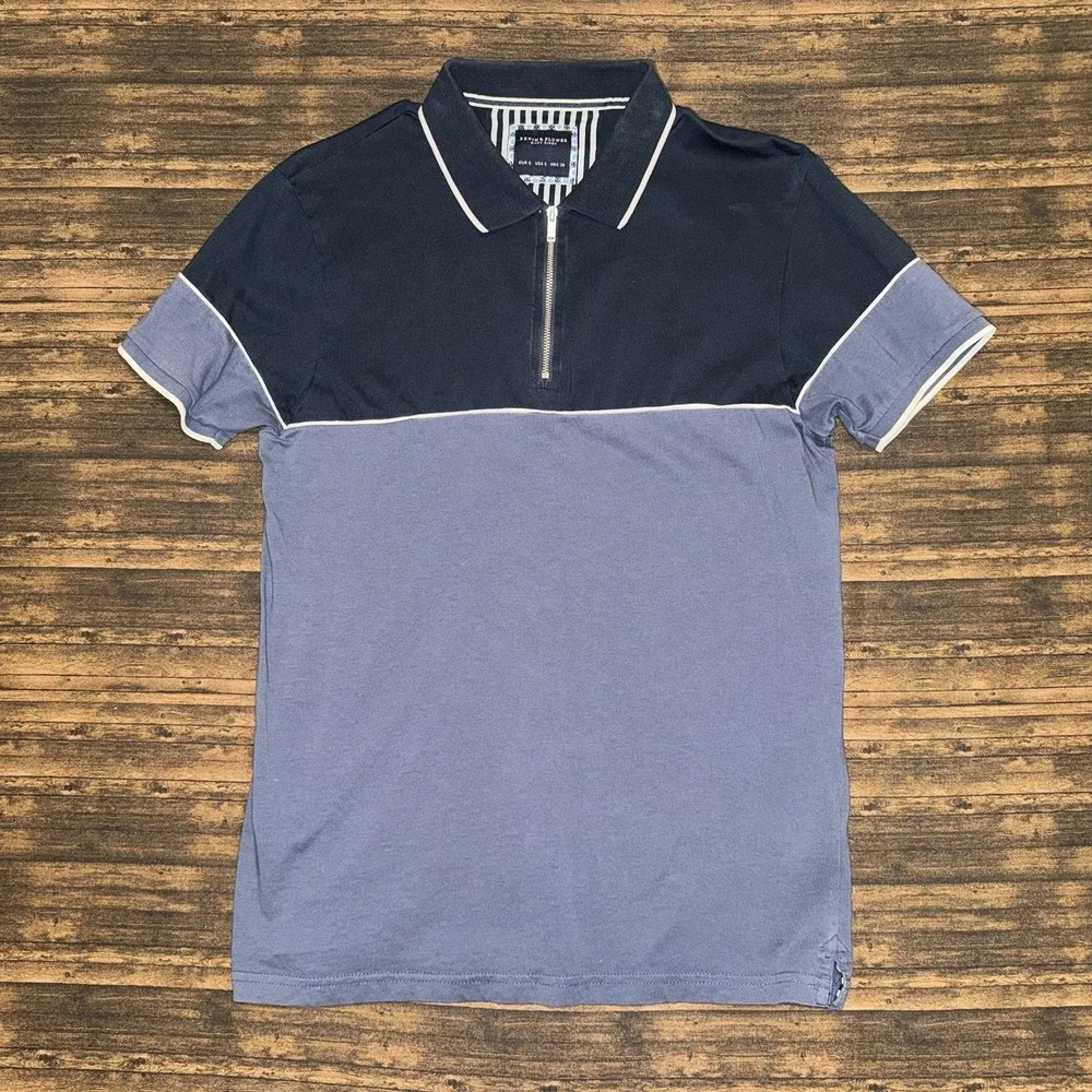 Denim & Flower Polo Shirt Mens S Navy Zip Neck Colorblock
